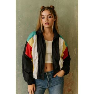 Vintage Sergio Tacchini Black Color Block 80s Full Zip Jacket Top Women's Size 8